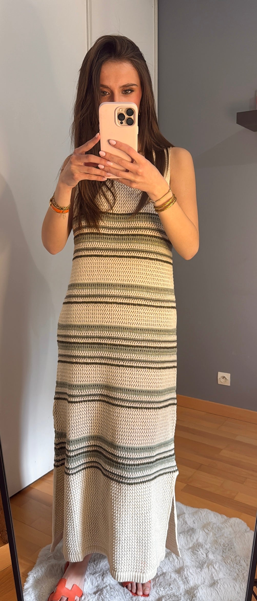 Robe en crochet rayée - Kaki & Blanc