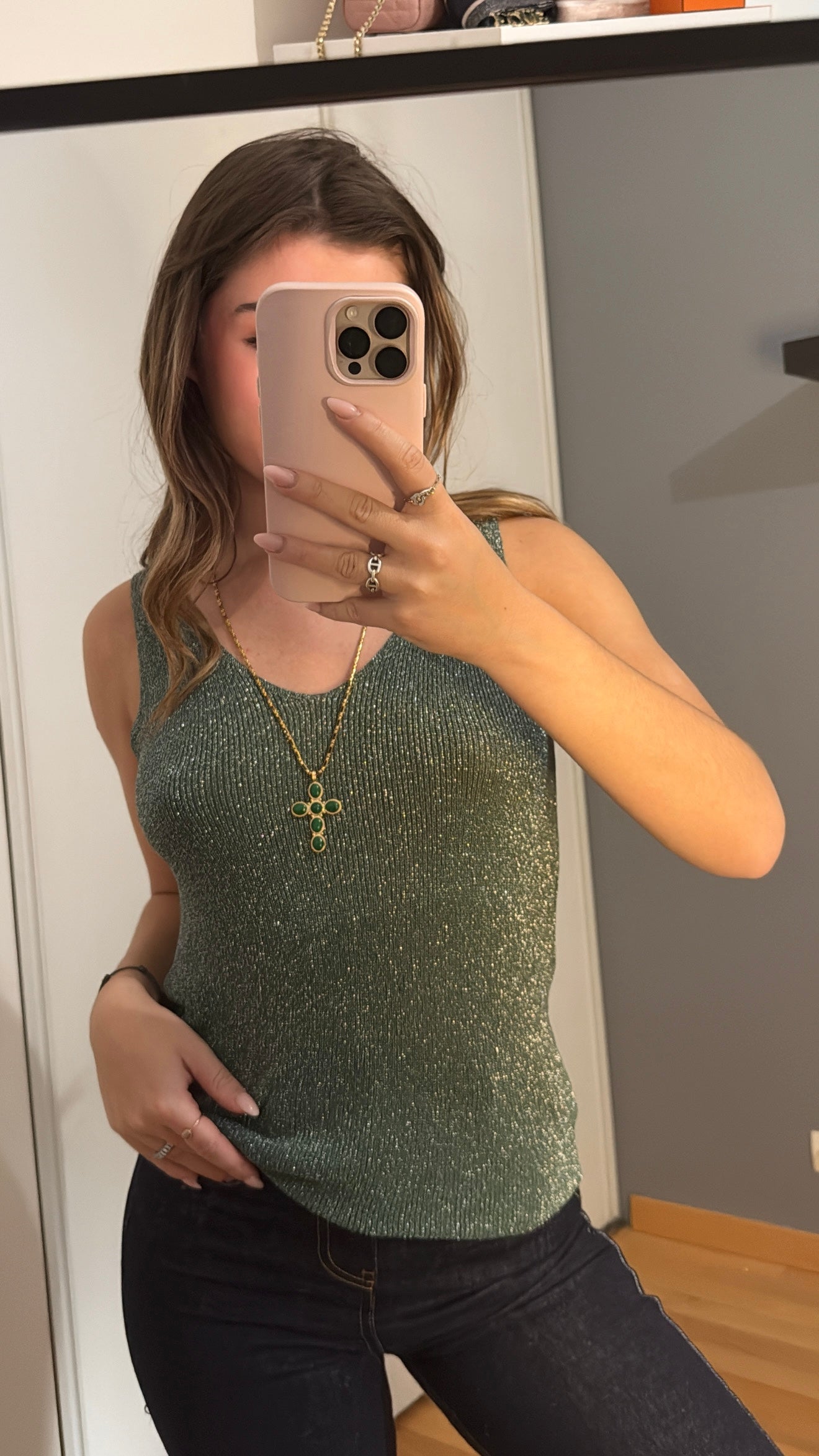 Haut de soirée - vert kaki pailleté