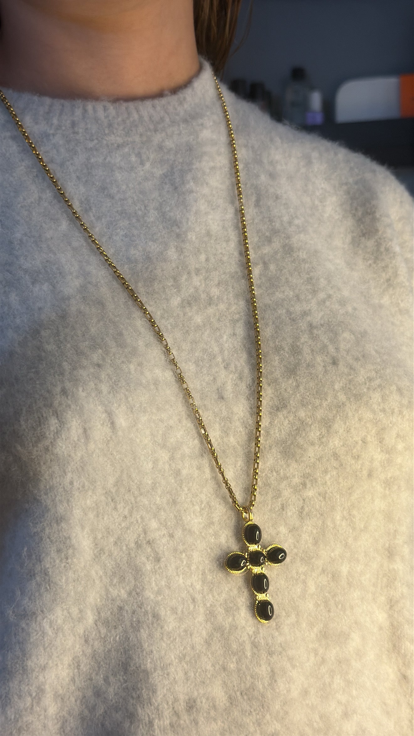 Sautoir grande Croix - Noir & Acier inoxydable