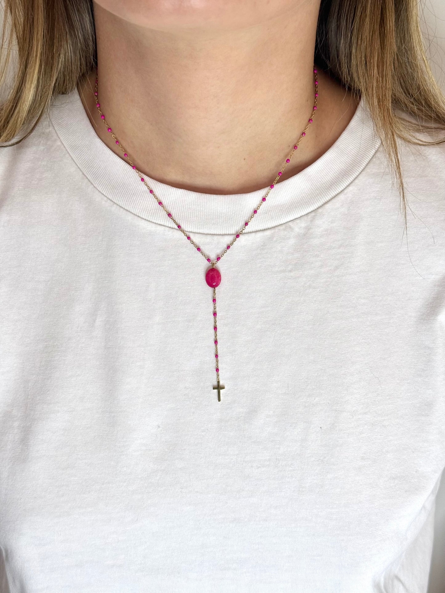 Collier Rose avec Croix - Acier inoxydable