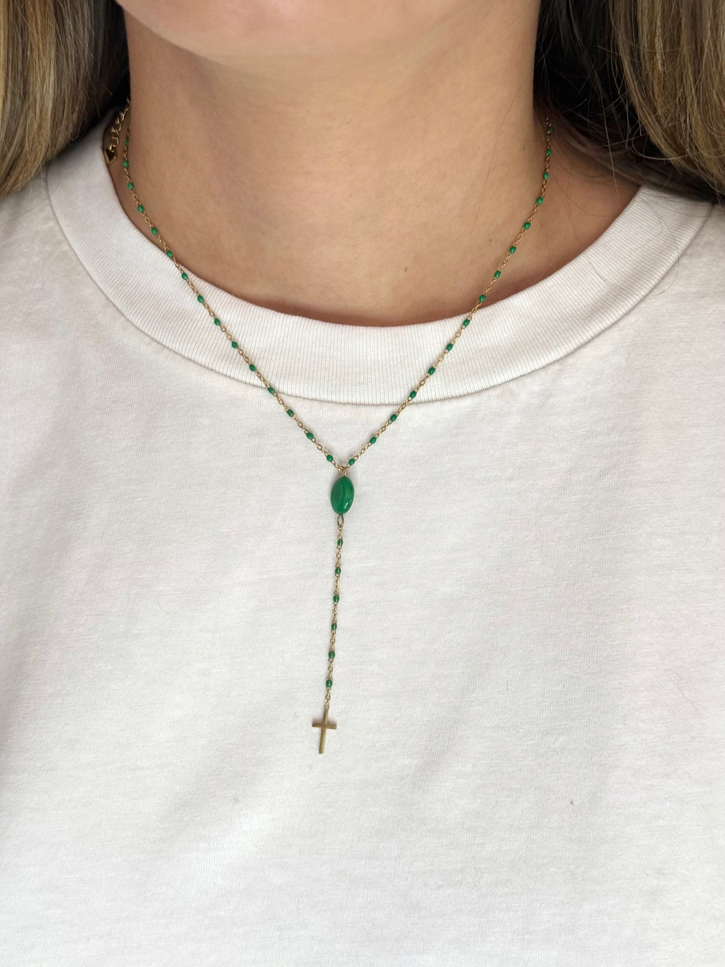 Collier Vert avec Croix - Acier inoxydable