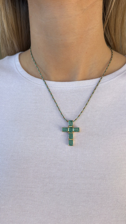 Collier " croix" - rose/vert