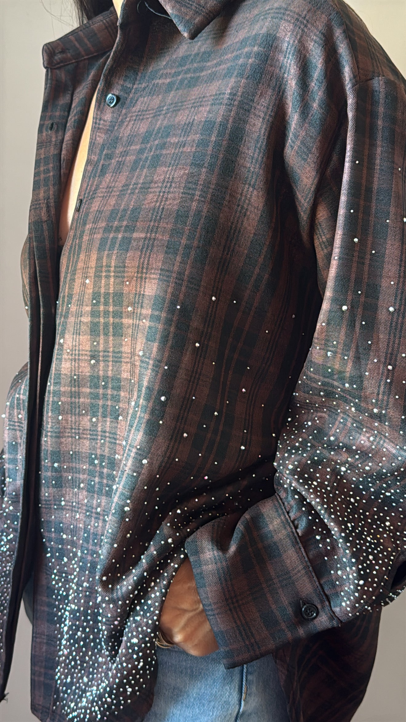 Chemise " Estelle" à carreaux - marron & noir avec strass