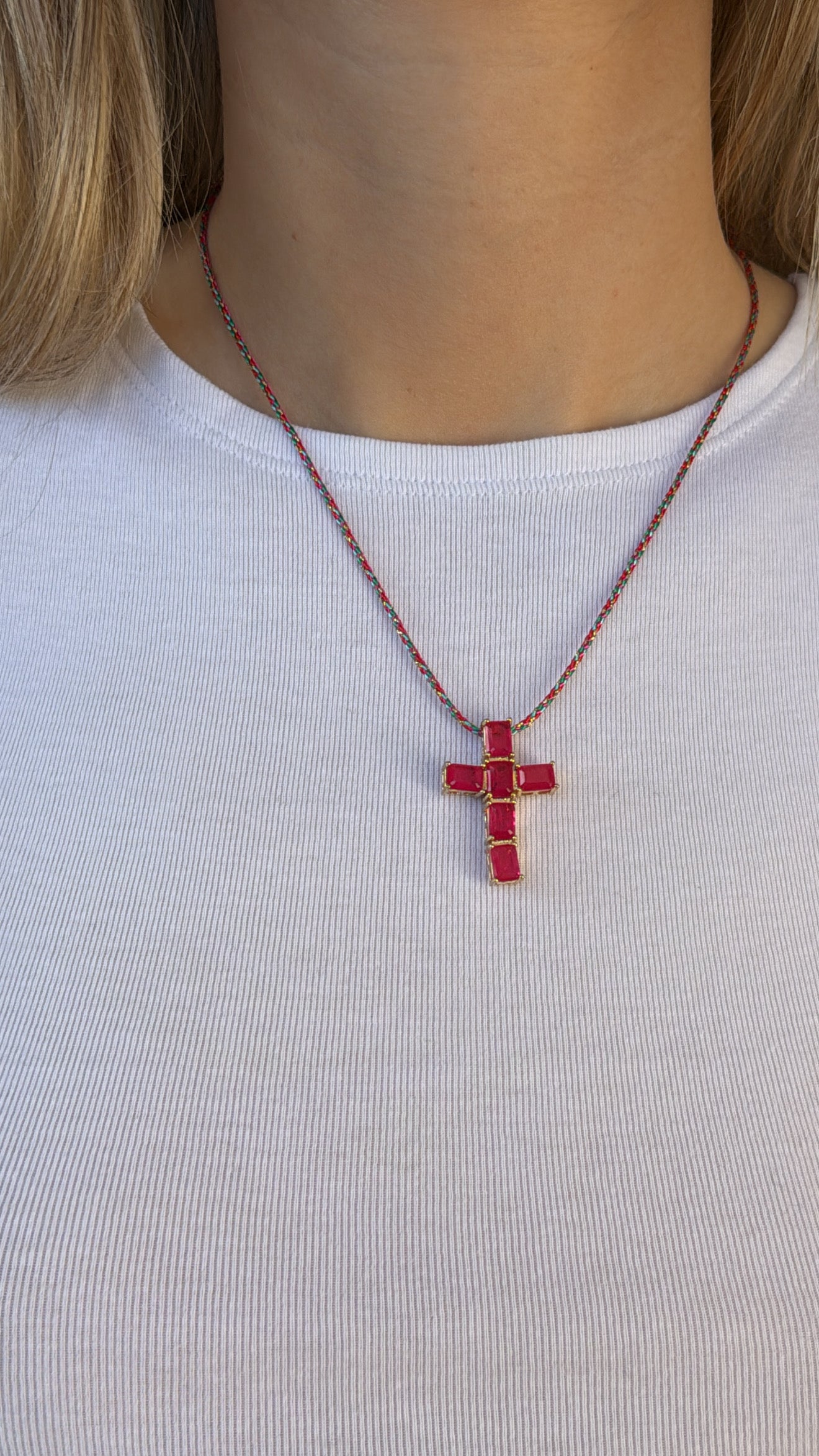 Collier " croix" - rose/vert