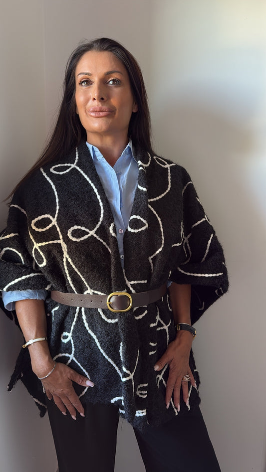 Cape " Ysé" - Noir/blanc avec ceinture