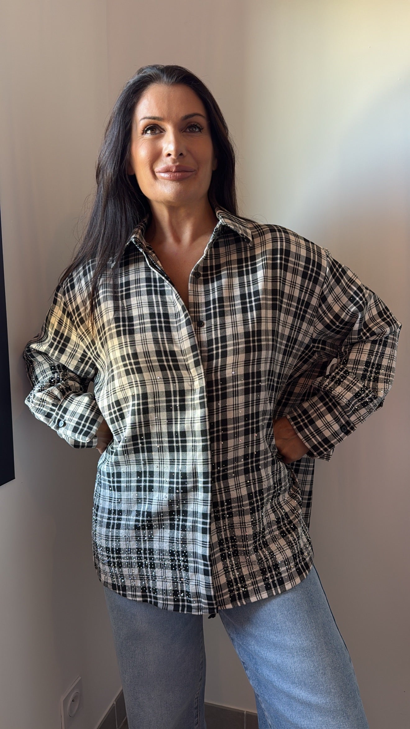 Chemise "Estelle" à carreaux - Noir/Blanc avec strass