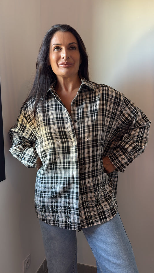 Chemise "Estelle" à carreaux - Noir/Blanc avec strass