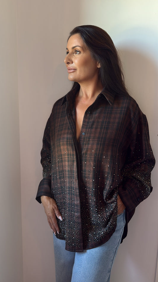 Chemise " Estelle" à carreaux - marron & noir avec strass