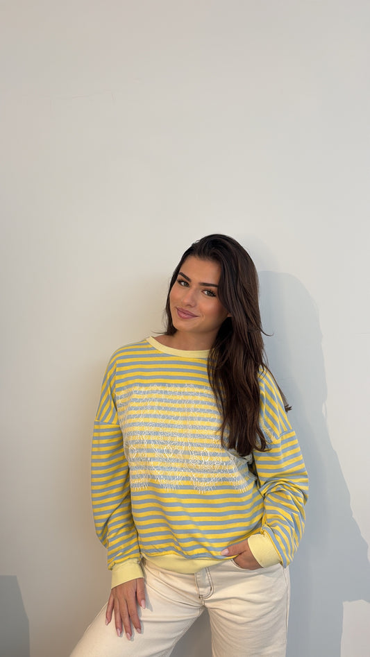 Sweat rayé jaune & blanc avec dentelle